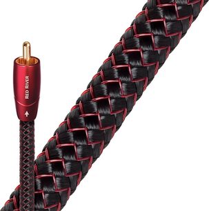 Cablu RCA Audioquest Red River, înveliș împletit negru și roșu, conector roșu metalizat și mufă aurită