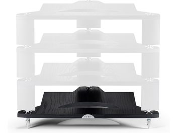 Mobile Hi-Fi Naim Audio FraimLite base nera, vista frontale, 3 ripiani bianchi, giradischi nero sul ripiano superiore
