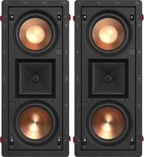 Set mit 2 schwarzen Klipsch PRO-25-RW LCR Wandeinbaulautsprechern mit doppelten kupferfarbenen Treibern