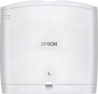 Proyector Epson EH-LS11000W blanco, vista frontal, 3 LED de estado, logo Epson plateado