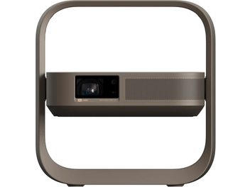 Videoproiettore XGIMI Elfin Flip Laser 4K bronzo con struttura quadrata, obiettivo a sinistra e griglia frontale