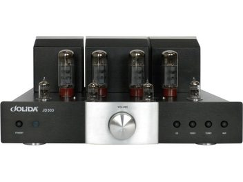 Hi-fi лампов усилвател Jolida JD 303, изглед отпред, 4 вакуумни лампи, сребрист потенциометър за сила на звука, 4 черни бутона, черен корпус