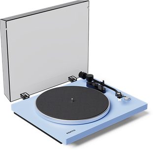 Tocadiscos Kanto OBI3 G2 azul claro con cubierta transparente levantada, plato negro y brazo de lectura visible