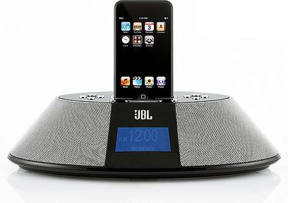 Børstet metalcirkulær JBL On Time 200ID dockingstation med central iPod/iPhone-dock og LCD-skærm