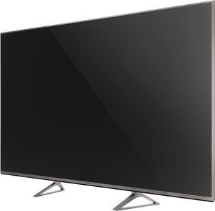 Televisão Panasonic TX-58DX730E de tela plana preta de 58 polegadas, vista frontal, apoiada em dois pés de metal prateado