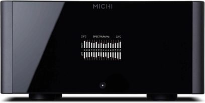 Amplificator de putere Rotel Michi, vedere frontală, ecran afișând un spectru de frecvențe, finisaj negru