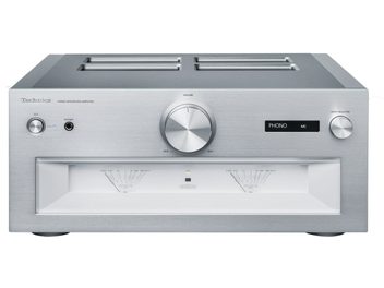 Ampli hi-fi stéréo Technics SU-R1000E-S Argent, vue de face, façade avec boutons, molettes, afficheur et prises casque