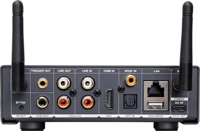Ampli hi-fi stereo Nuprime Omnia WR-2 černý, zadní pohled, analogové a digitální audio konektory, Wi-Fi anténa, Ethernet