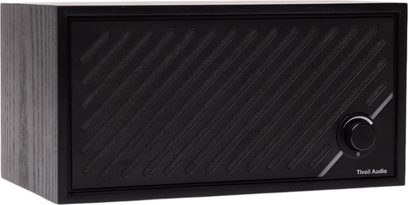 Altavoz Bluetooth Tivoli Model Two Digital negro, caja de madera, rejilla ranurada diagonal, rueda derecha, vista en ángulo