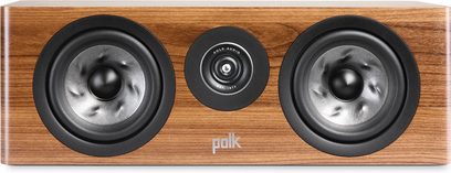 Diffusore centrale Polk Audio R300 in noce, vista frontale, due altoparlanti circolari neri su cabinet rettangolare in legno chiaro