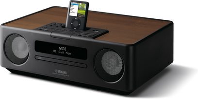 Yamaha TSX-130, digitaler Weckradio schwarz, Frontansicht, LCD-Display, iPod-Dockingstation, Stereo-Lautsprecher, Bedienknöpfe und -regler