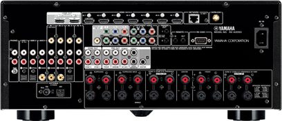 Yamaha RX-A2050 titano namų kino stiprintuvas, priekinis vaizdas, gausybė audio / vaizdo lizdų, reguliavimo mygtukų ir rankenėlių