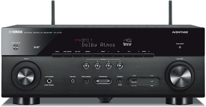 Ampli home-cinéma Yamaha RX-A780 noir, vue de face, affichage "HDMI 1 Dolby Atmos -40.0", boutons et prises en façade