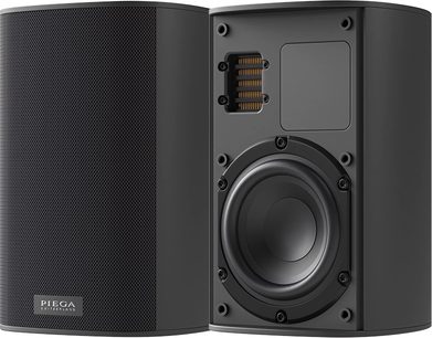 Altoparlante wireless connesso Piega Ace 30 Wireless (TX + RT) nero, vista frontale e posteriore, griglia perforata, altoparlante circolare
