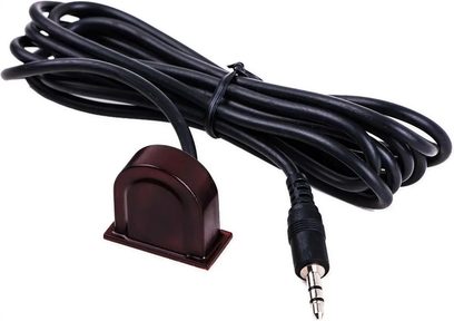 Black audio cable with 3.5mm jack connector and red magnetic base, top view