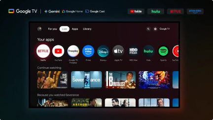 Televizor s črnim okvirjem, vmesnikom Google TV, aplikacijami za pretakanje in barvno ambientalno osvetlitvijo