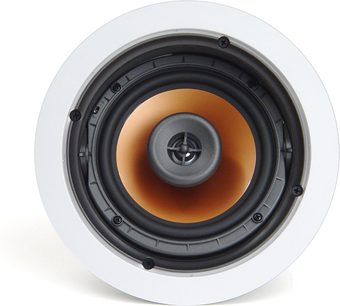 Klipsch CDT-3650-C indbygget højttaler, tæt forfra, orange højttaler og grå diskant i midten, sort gitter