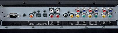 Barra audio Yamaha YSP-1100 nera, vista frontale, con connettori audio/video e pulsanti di controllo sul pannello posteriore