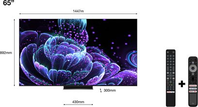 TCL 65C831 2022 65" TV, flad rektangulær skærm der viser et abstrakt billede i lilla og blå nuancer, med fjernbetjening