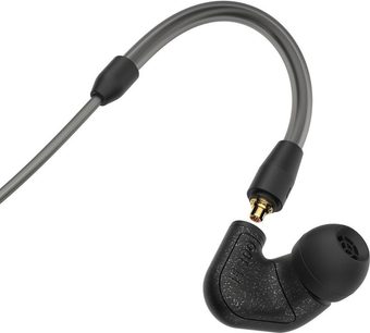 Sennheiser IE 300 černá intraaurální sluchátka, šedý kabel, silikonové nástavce, pozlacený zahnutý konektor, pohled z profilu