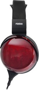 Casque hi-fi Fostex TH910 vue latérale, arceau noir et grand écouteur fermé rouge laqué avec câble