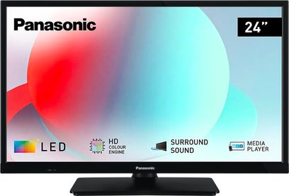 Panasonic TV TS-24N30AEZ fladskærm sort, set forfra, farverig skærm, LED-logoer, HD Colour Engine, Surround Sound, Media Player, størrelse 24 tommer, rektangulær sokkel
