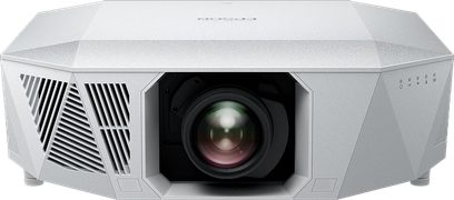 Epson EH-QL3000 hvit projektor, frontvisning, sentrallinse, sideventilasjonsgitter, knapper på høyre side
