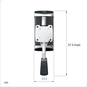 Vægmonteret, drejeligt TV-beslag i sort og lysegrå, set forfra, dimensioner 11,1 x 37,3 cm, vægmontering og TV-holder synlige