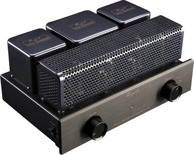 Cayin MT-12N EL84 rørforstærker i sort metal, børstet front med to store sorte drejeknapper og sideplaceret afbryder, perforeret gitter der beskytter rørene samt tre transformatorhætter bagpå, set fra højre forreste trekvart vinkel