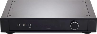 Amplificatore hi-fi stereo Rega Elex MK4 nero, vista frontale, 4 manopole rotanti, 3 pulsanti a pressione, presa per cuffie, frontale in alluminio spazzolato