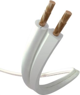 Real Cable CBV130016 transparent fladt højttalerkabel med to afisolerede kobberledere i nærbillede