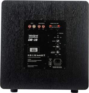 Velodyne DB-15 sort baskabin, frontvisning, kontrolpanel med knapper, drejekontakter og stik