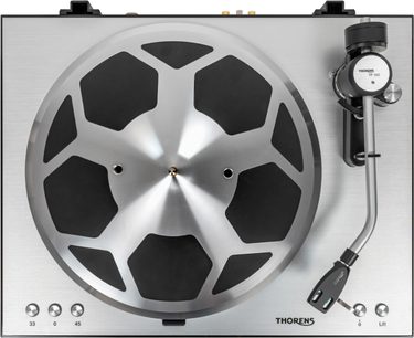 Thorens TD 404 DD platespiller i børstet aluminium, sølv og svart gjennombrutt tallerken, sett ovenfra