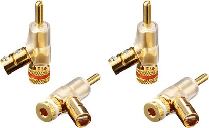 Set mit 4 vergoldeten Furutech FP-202 (G) Bananensteckern mit Winkelanschlüssen sowie roten und weißen Ringen