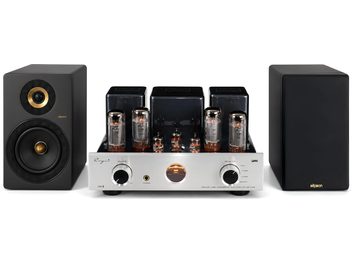 Eestvaates Elipsoni hi-fi süsteem hõbedase lampvõimendi ja kahe musta kõlariga