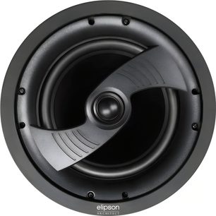 Coluna de embutir Elipson IC8, vista frontal, altifalante circular preto com cone central, grelha de proteção metálica concêntrica