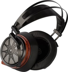 Åbent hi-fi hovedsæt fra Sendy Audio Apollo i sort, runde træørepuder, perforeret metalrist, læderpolstret hovedbøjle