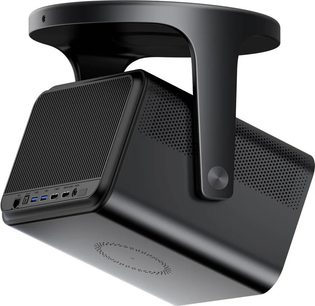 Vidéoprojecteur Hisense C3 noir, vue arrière trois quarts, avec support circulaire intégré, grille frontale et ports