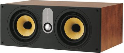 Centrální reproduktor Bowers & Wilkins HTM62 wengé, 2 žluté středobasové reproduktory, 1 šedý tweeter, tmavé dřevěné pouzdro