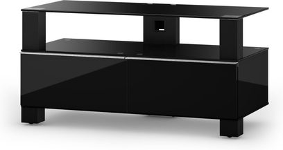 Blankt sort TV-møbel Sonorous MD9095, 2 åbne rum, 2 døre, midterhylde i glas, set forfra