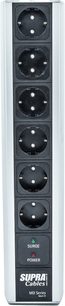 Multipresa Supra MainBlock MD06-EU/SP MK3 con 6 prese nere allineate verticalmente, interruttore, spie verde e rossa