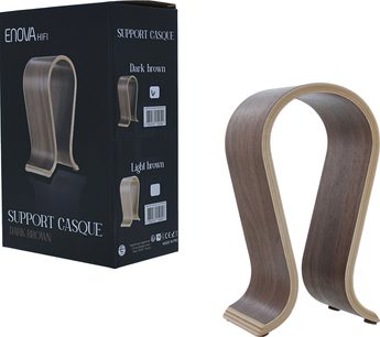 Supporto per cuffie in legno scuro Enova HIFI, scatola nera con testo bianco, vista frontale e laterale