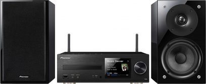 Mini-anlæg Hi-Fi Pioneer X-HM82D-K sort, 2 højttalere, centralelement, LCD-skærm, CD-afspiller, produktfoto