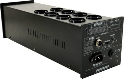 Taga Harmony PF-1000LPS sort, bagfra i vinkel, 8 runde stik på toppen, advarselspaneler og synlige stikforbindelser