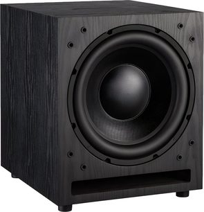 Davis Acoustics Basson 777 sort højtalerkasse, træ med årer, stort frontmonteret højtalerelement og spaltebas, 3/4-visning