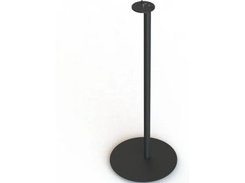 Pied d'enceinte noir mat cylindrique sur base circulaire, tige verticale fine, support d'enceinte rond plat sur rotule