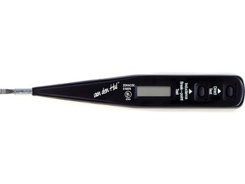 Multipresa Van den Hul The Polarity Checker nera, vista dall'alto, con 4 prese e uno schermo LCD che mostra "230V"