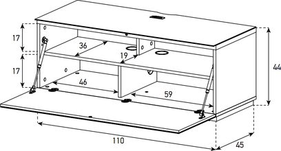 TV-møbel Sonorous Studio STA110F-BLK-WHT, topvisning med mål i cm, 2 rum, 1 skuffe, sort og hvid