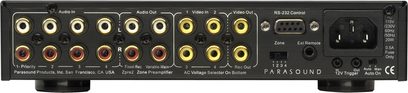 Parasound Zpre 2 black stereo preamplifier, rear view, RCA and XLR audio connectors, selectors, RS-232 port