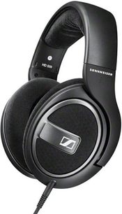 Åbent hi-fi hovedsæt Sennheiser HD-559 i sort, set fra venstre profil, venstre ørekop i forgrunden, polstret hovedbøjle